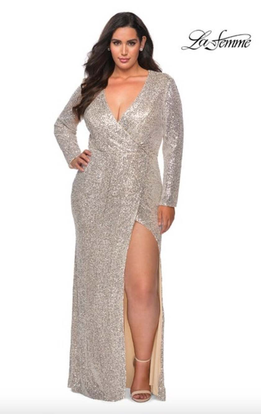 La Femme Dress Size 16 NEW Cream Silver Sequin Gown $438 Maxi Evening V Neck